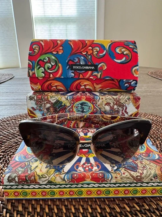 Authentic Dolce & Gabbana Brown Cat-Eye Sunglasses with Gold Accents - Picture 3 of 10